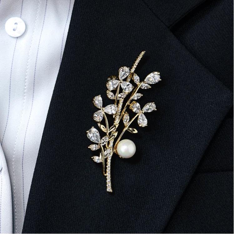 Shell Pearl Leafy Branch Brooch — alternate close blazer-worn view