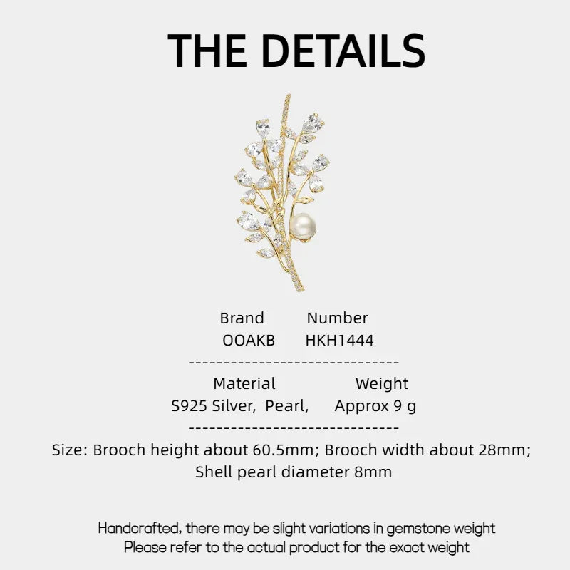 Shell Pearl Leafy Branch Brooch — specification card with material and size details