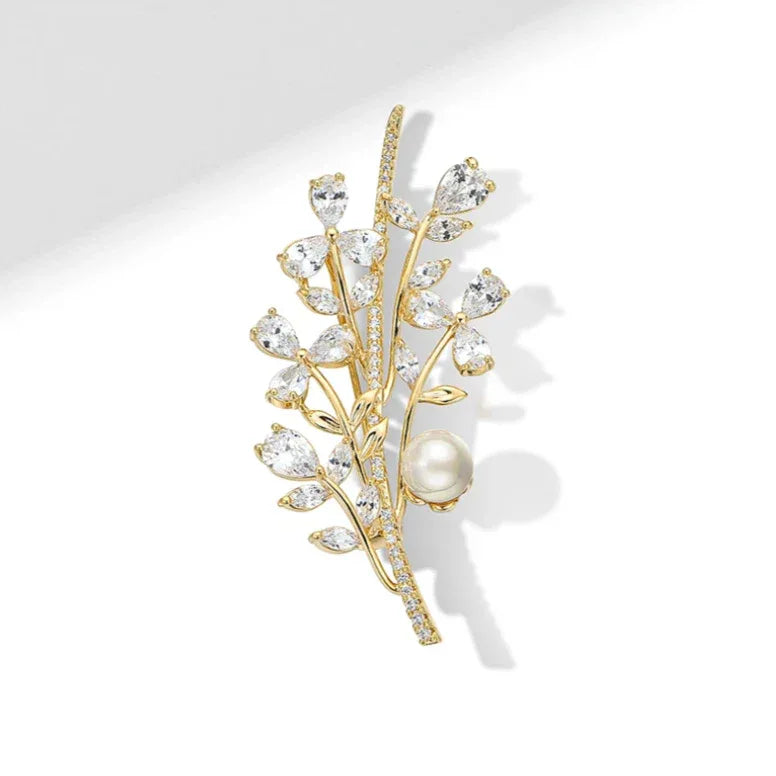 Shell Pearl Leafy Branch Brooch — front product view on white