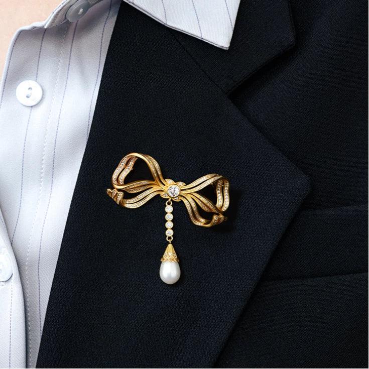 Pearl Bow Tassel Brooch — alternate close blazer-worn view showing design and scale