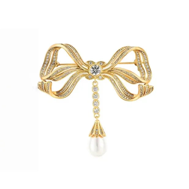 Pearl Bow Tassel Brooch — front product view on white showing design and scale