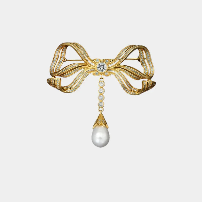 Pearl Bow Tassel Brooch — front view of gold-tone bow tassel brooch