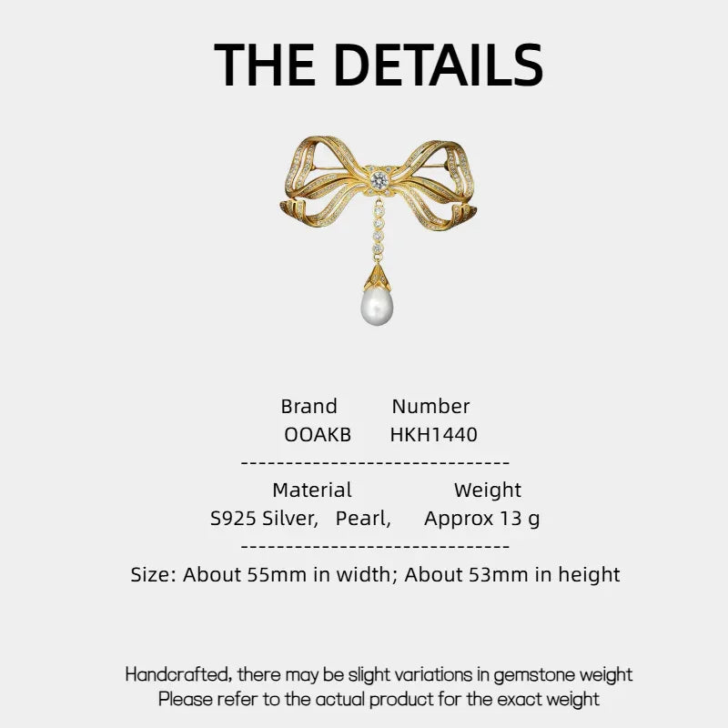 Pearl Bow Tassel Brooch — specification card with material and size details