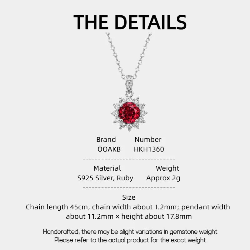 Brilliant Series Four-Claw Ruby Sunflower Necklace S925 Silver — specification card with material and size details