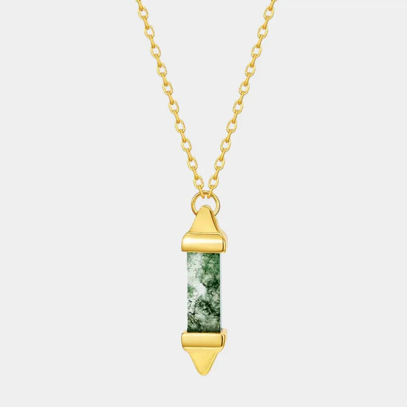 Bullet-Shaped Moss Agate Pendant Necklace — full necklace view on a light background