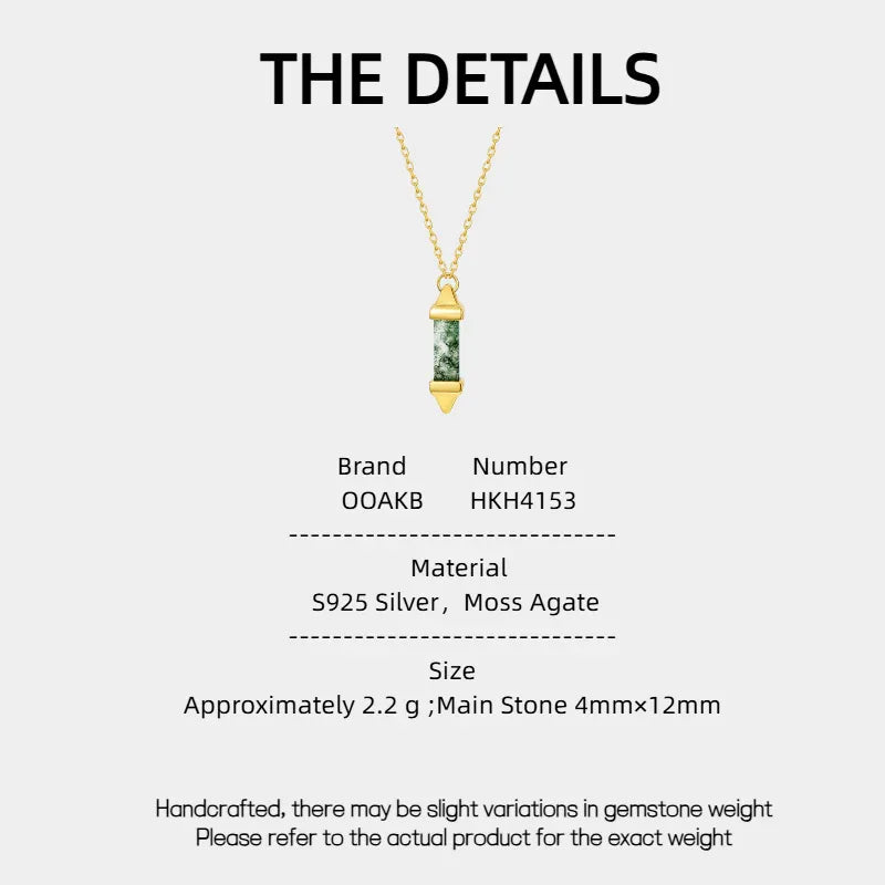 Bullet-Shaped Moss Agate Pendant Necklace — Moss Agate specification card with material and measurements