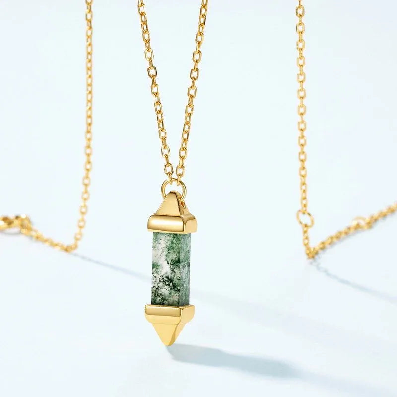 Bullet-Shaped Moss Agate Pendant Necklace — neckline scale view 2