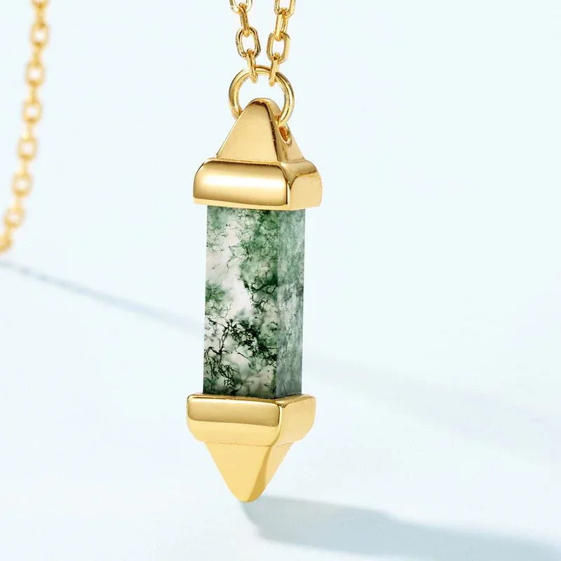 Bullet-Shaped Moss Agate Pendant Necklace — pendant close-up 3