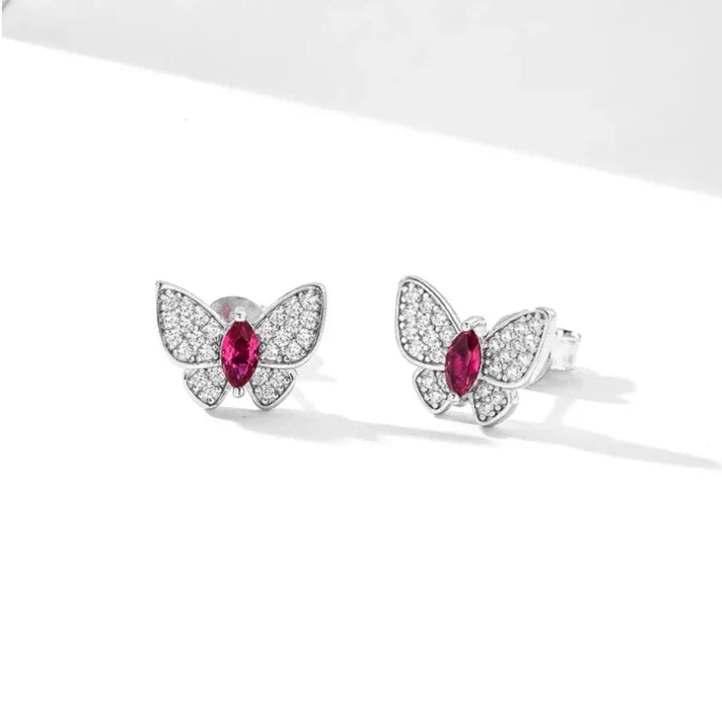 Butterfly Dream Series Ruby Flexible Butterfly Earrings — specification card with material and size details