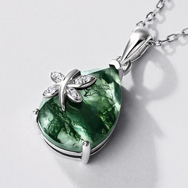 Butterfly Moss Agate Pendant Necklace — angled pendant and chain detail 4