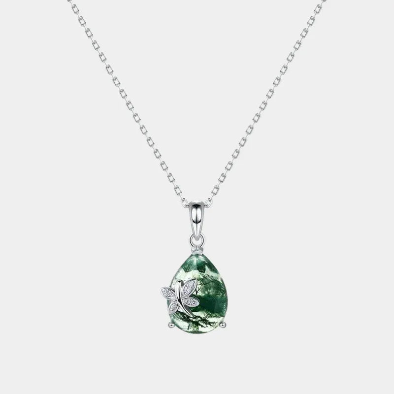 Butterfly Moss Agate Pendant Necklace — full necklace view on a light background