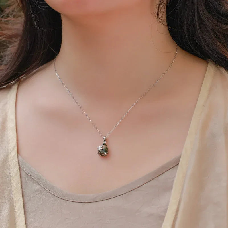 Butterfly Moss Agate Pendant Necklace — neckline scale view 2