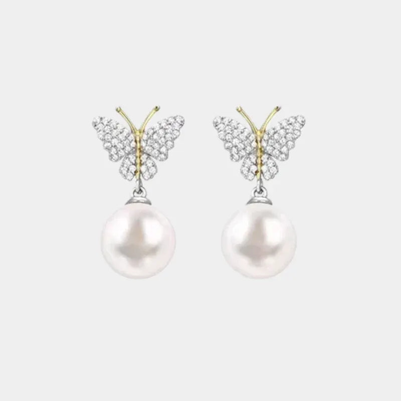 Butterfly Pearl Drop Earrings in Platinum-Plated S925 Silver — front view of butterfly pearl earrings