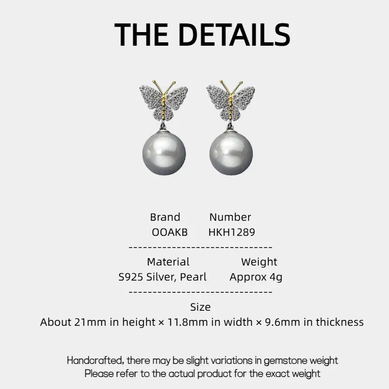 Butterfly Pearl Drop Earrings in Platinum-Plated S925 Silver — specification card with material and size details