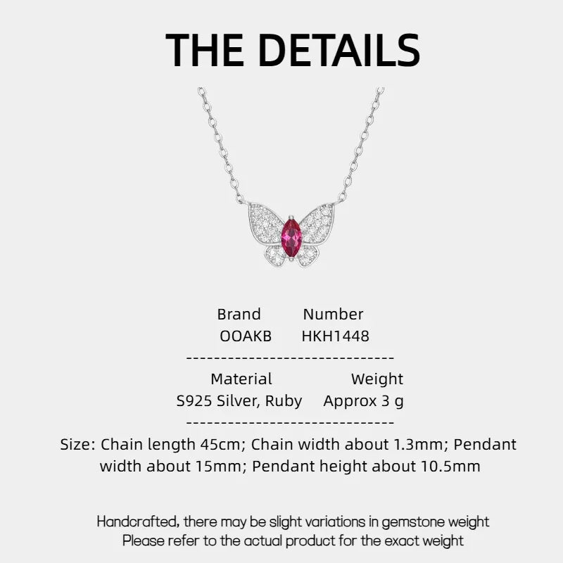 Butterfly Ruby Necklace S925 Silver — specification card with material and size details
