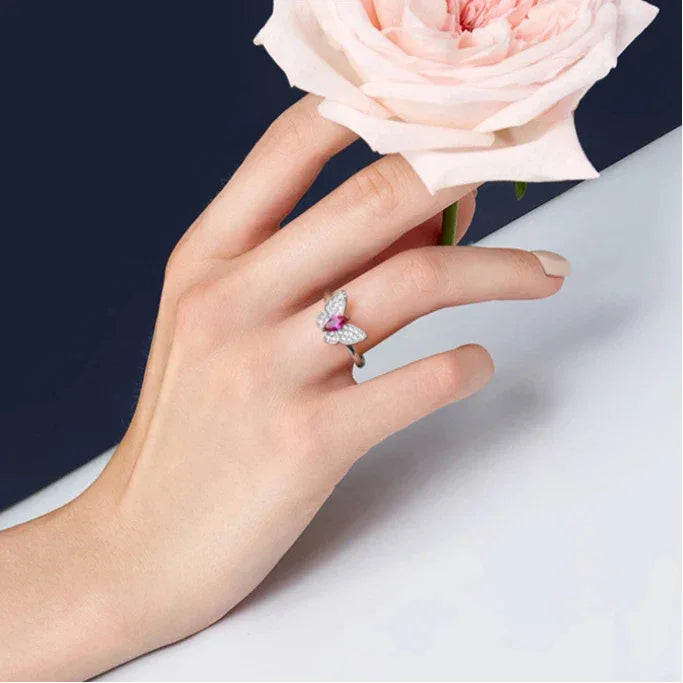 Butterfly Ruby Ring S925 Silver — angled ring view