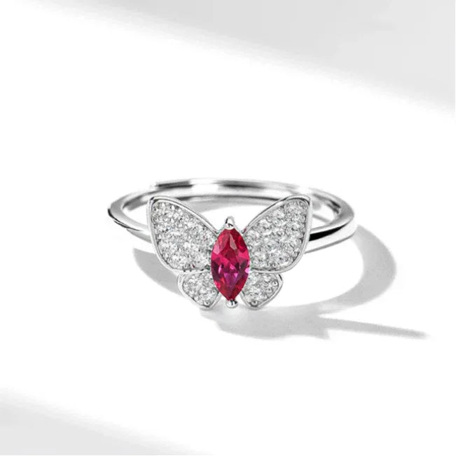 Butterfly Ruby Ring S925 Silver — angled ring view 7