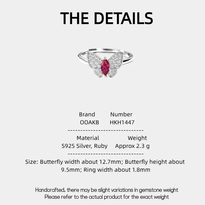 Butterfly Ruby Ring S925 Silver — specification card with material and size details