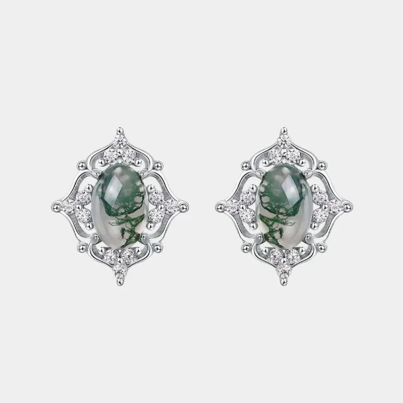Cabochon Geometric Moss Agate Earrings — front product view on a light background