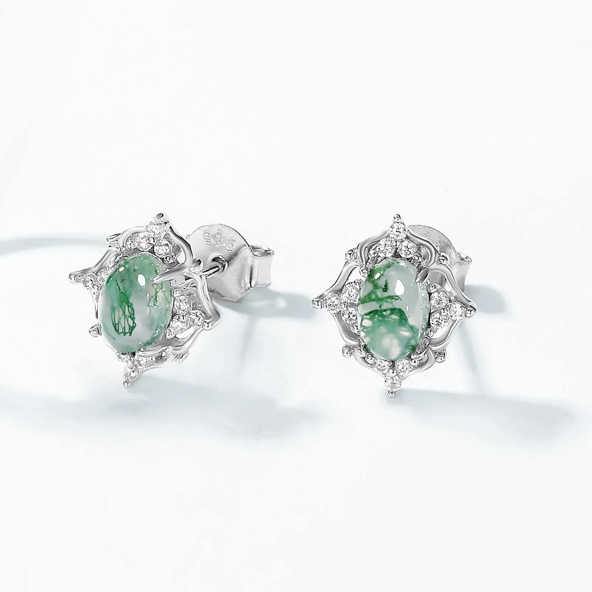 Cabochon Geometric Moss Agate Earrings — front setting detail 3