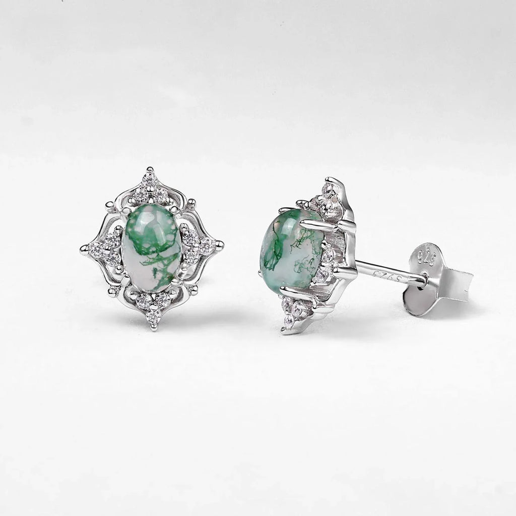 Cabochon Geometric Moss Agate Earrings — hand-worn scale view 2