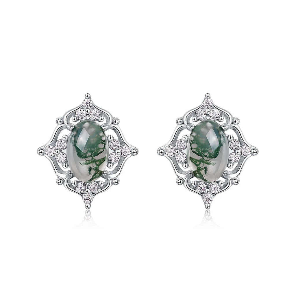 Cabochon Geometric Moss Agate Earrings — side profile and band detail 4