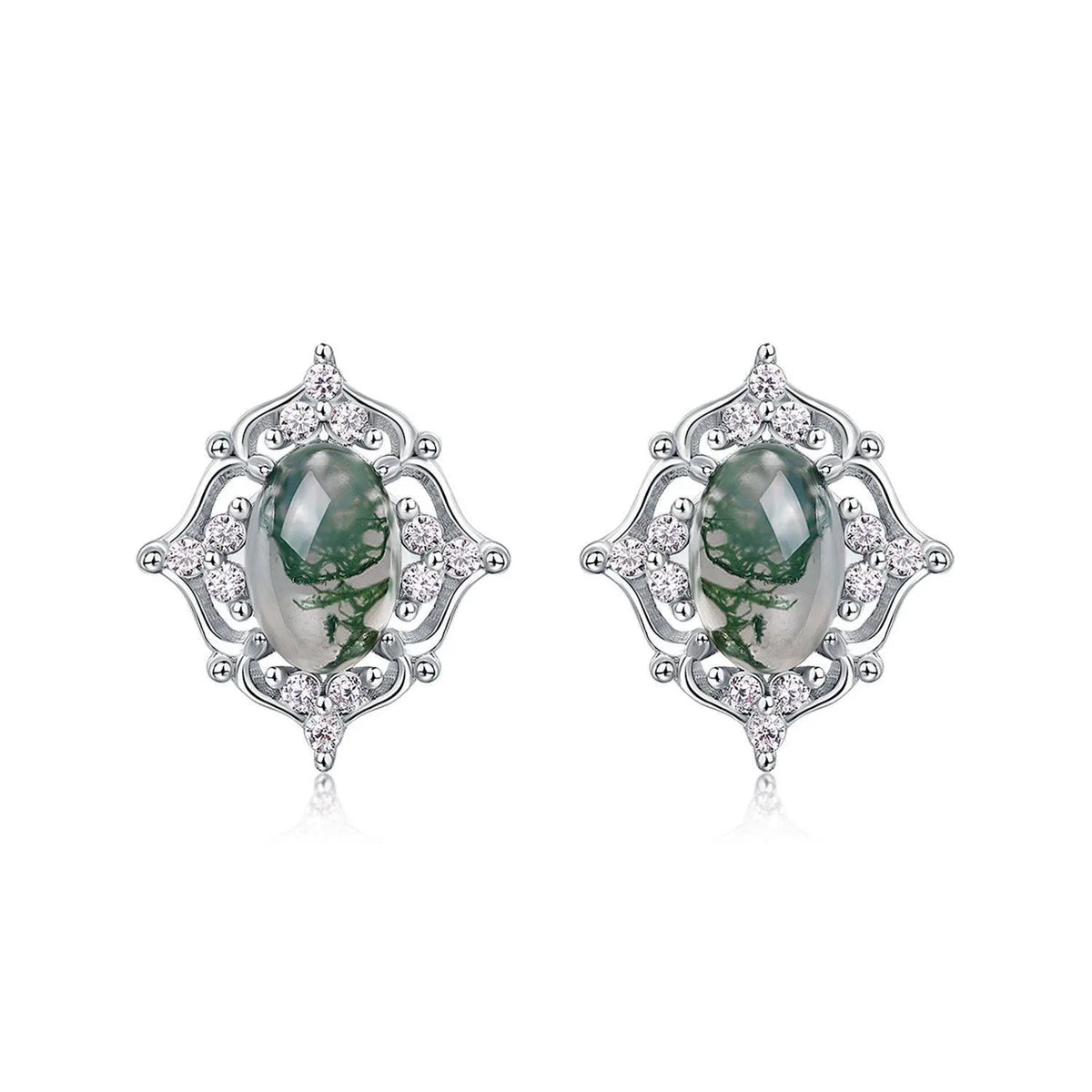 Cabochon Geometric Moss Agate Earrings — side profile and band detail 4