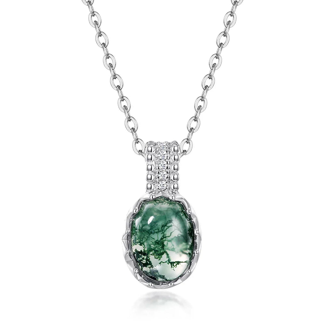 Cabochon Moss Agate Collarbone Pendant — angled pendant and chain detail 4
