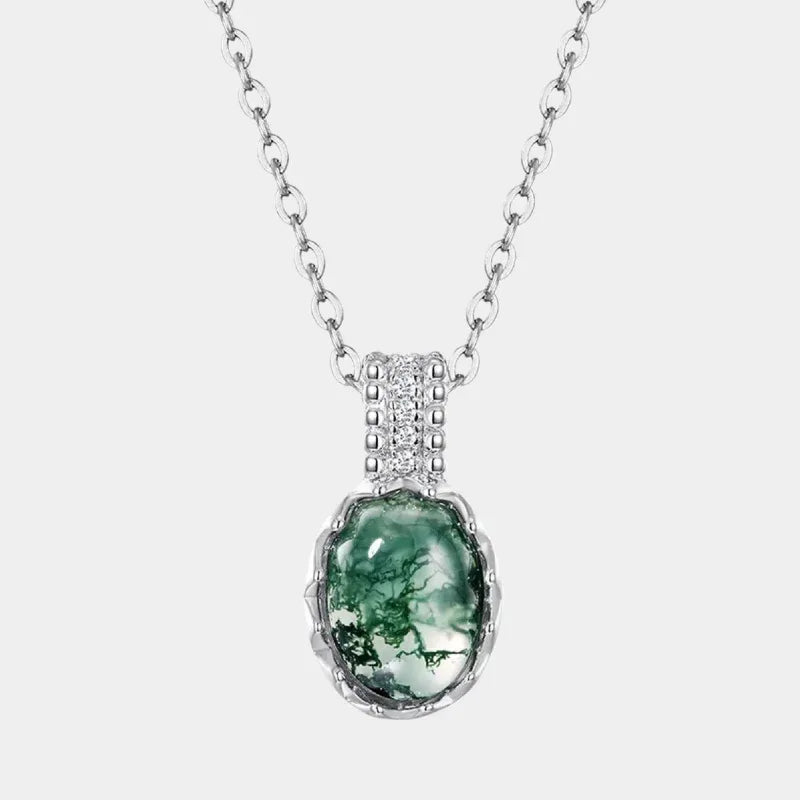 Cabochon Moss Agate Collarbone Pendant — full necklace view on a light background