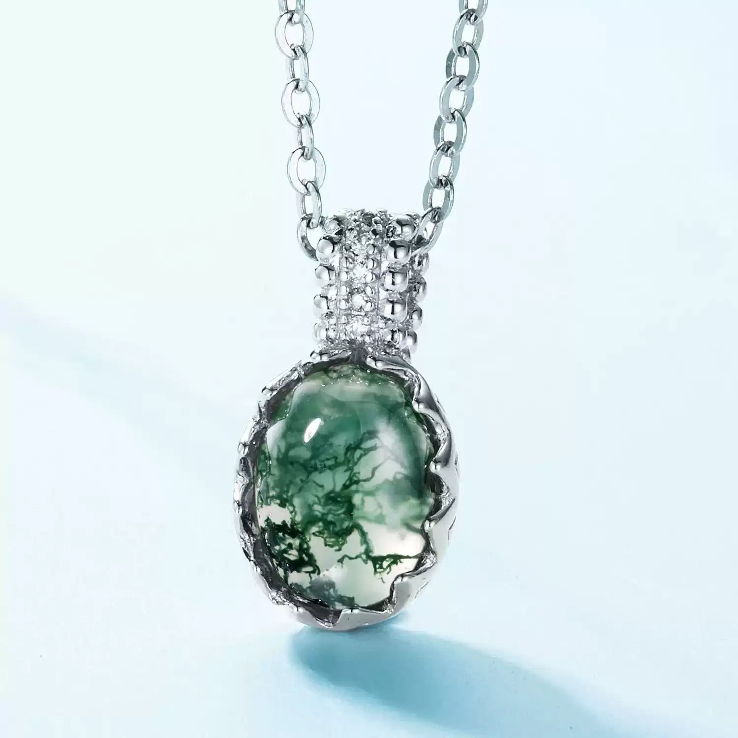Cabochon Moss Agate Collarbone Pendant — neckline scale view 2