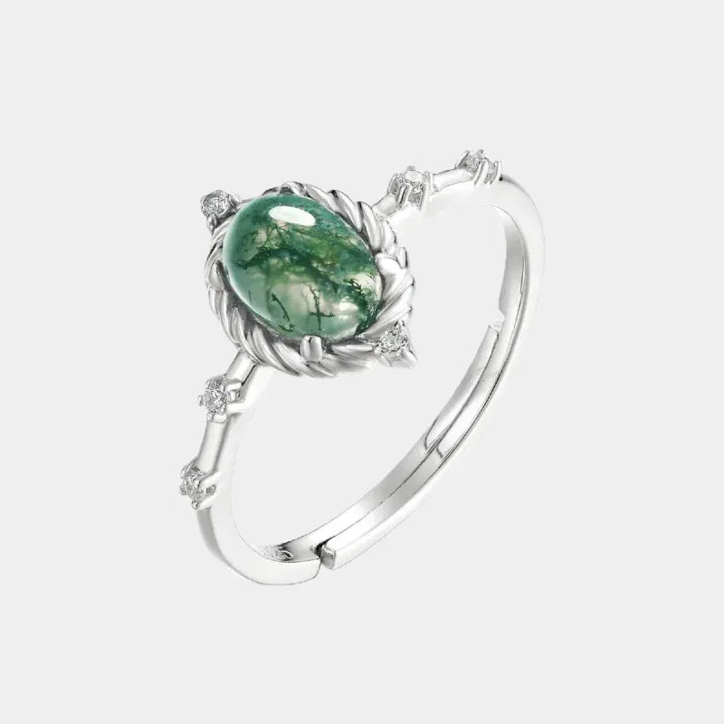 Cabochon Moss Agate Open Ring — front product view on a light background