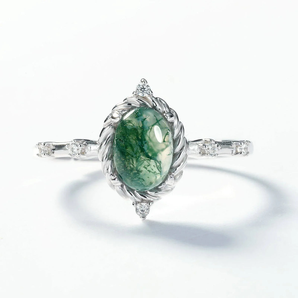 Cabochon Moss Agate Open Ring — hand-worn scale view 2