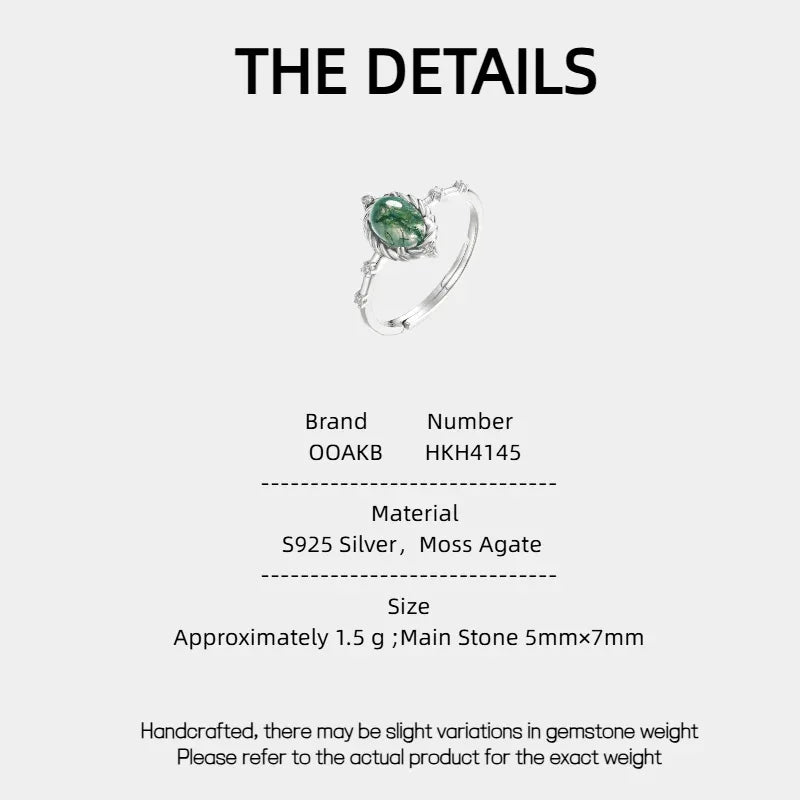 Cabochon Moss Agate Open Ring — Moss Agate specification card with material and measurements