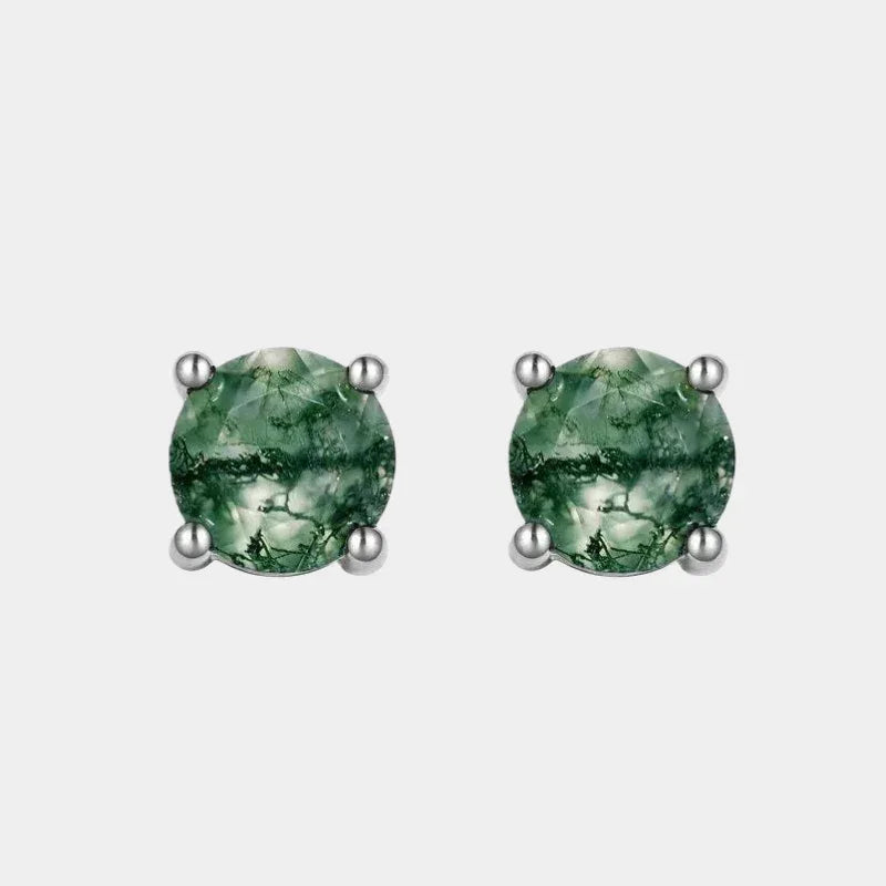 Cabochon Moss Agate Round Earrings — front product view on a light background