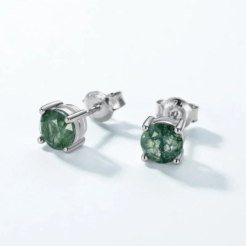 Cabochon Moss Agate Round Earrings — front setting detail 3