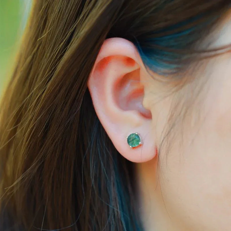 Cabochon Moss Agate Round Earrings — hand-worn scale view 2