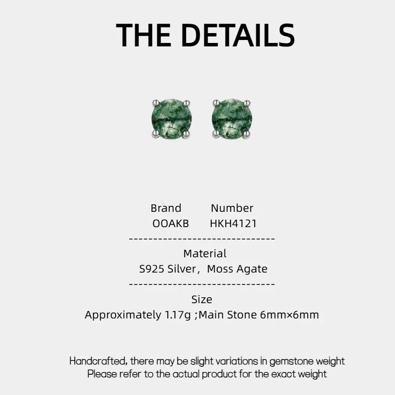 Cabochon Moss Agate Round Earrings — Moss Agate specification card with material and measurements