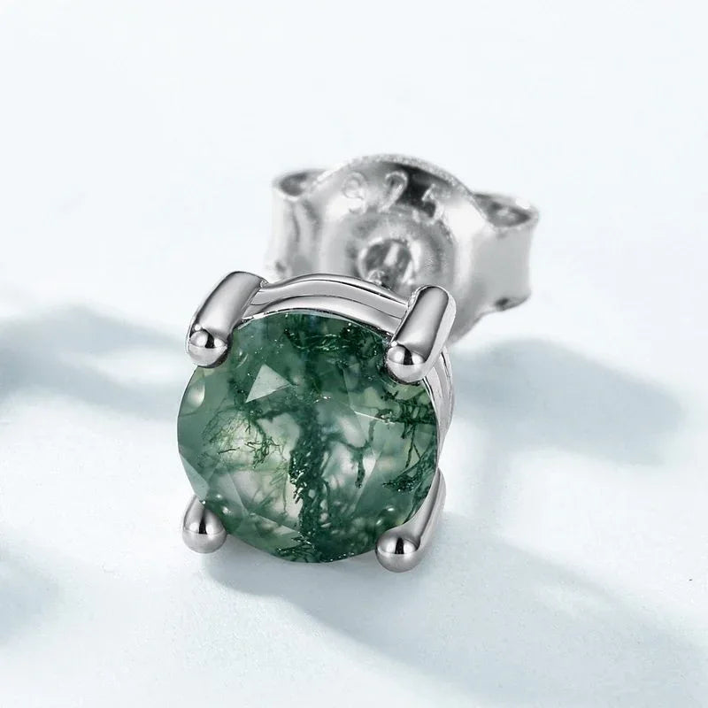Cabochon Moss Agate Round Earrings — side profile and band detail 4