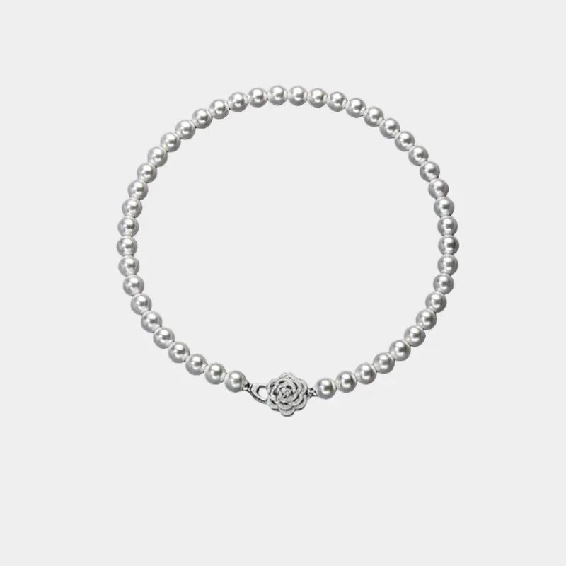 Pearl Strand Necklace with Camellia Clasp — front view of pearl strand necklace