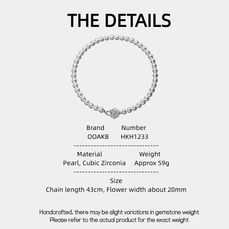 Pearl Strand Necklace with Camellia Clasp — specification card with material and size details