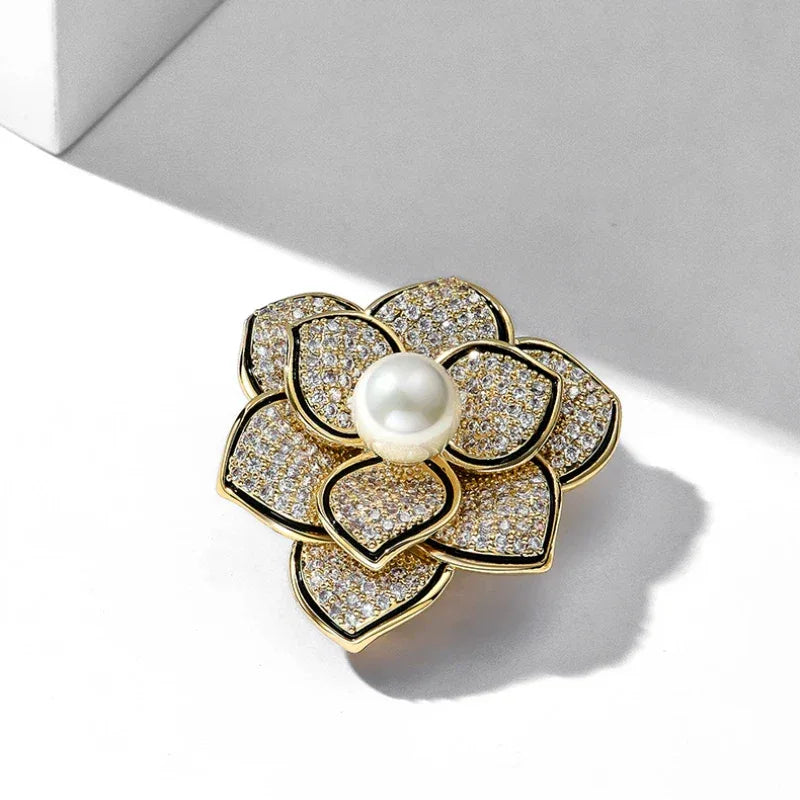 Shell Pearl Camellia Brooch — alternate angled close-up showing the layered petals