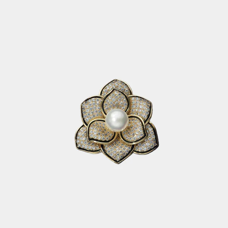 Shell Pearl Camellia Brooch — front view of layered camellia brooch
