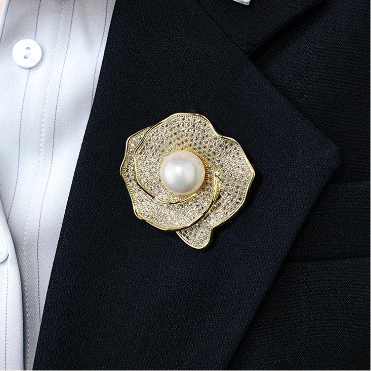 Shell Pearl Layered Camellia Brooch — alternate close blazer-worn view