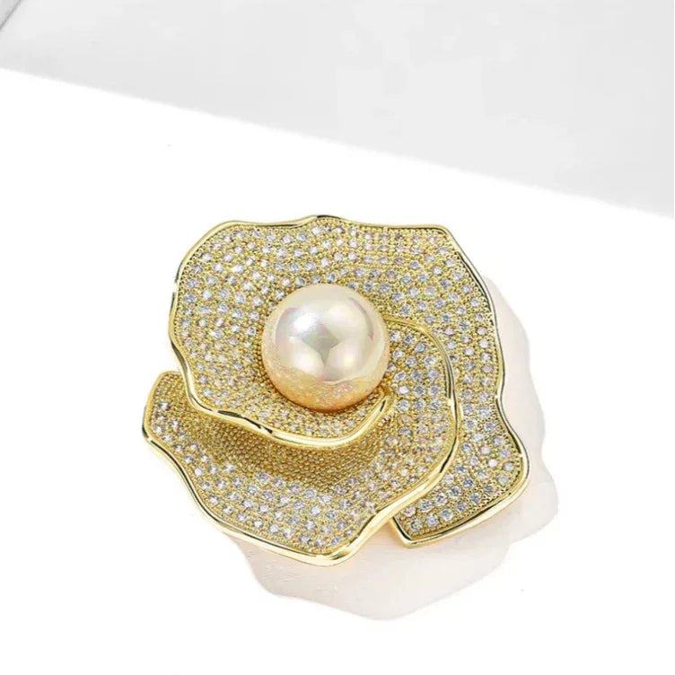 Shell Pearl Layered Camellia Brooch — front product view on white