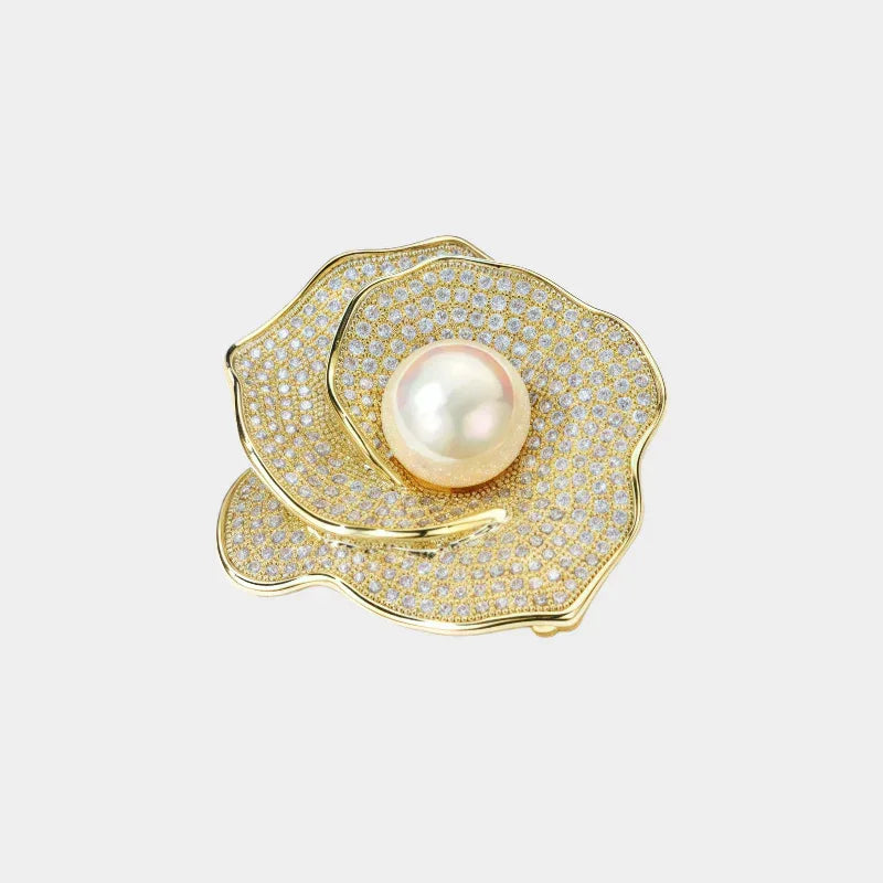 Shell Pearl Layered Camellia Brooch — front view of gold-tone layered camellia brooch