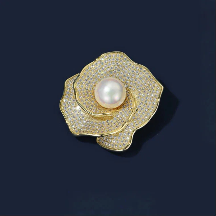 Shell Pearl Layered Camellia Brooch — front product view on a dark background