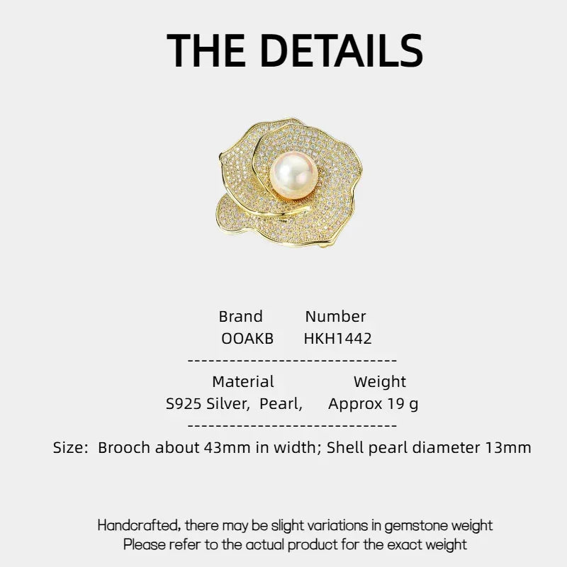 Shell Pearl Layered Camellia Brooch — specification card with material and size details