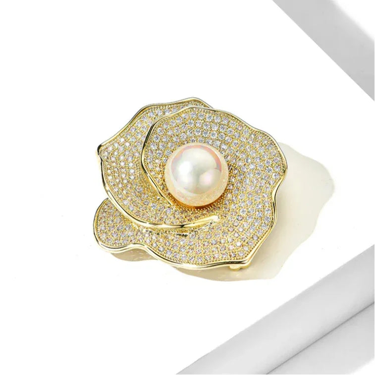 Shell Pearl Layered Camellia Brooch — angled product view showing the layered petals