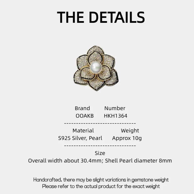 Shell Pearl Camellia Brooch — specification card with material and size details