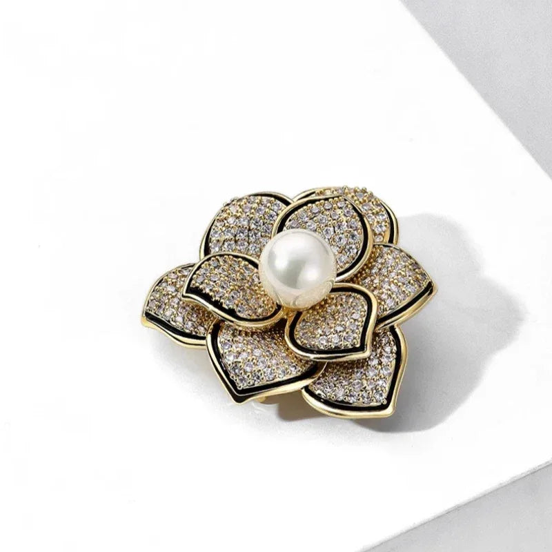 Shell Pearl Camellia Brooch — angled product view on white showing design and scale